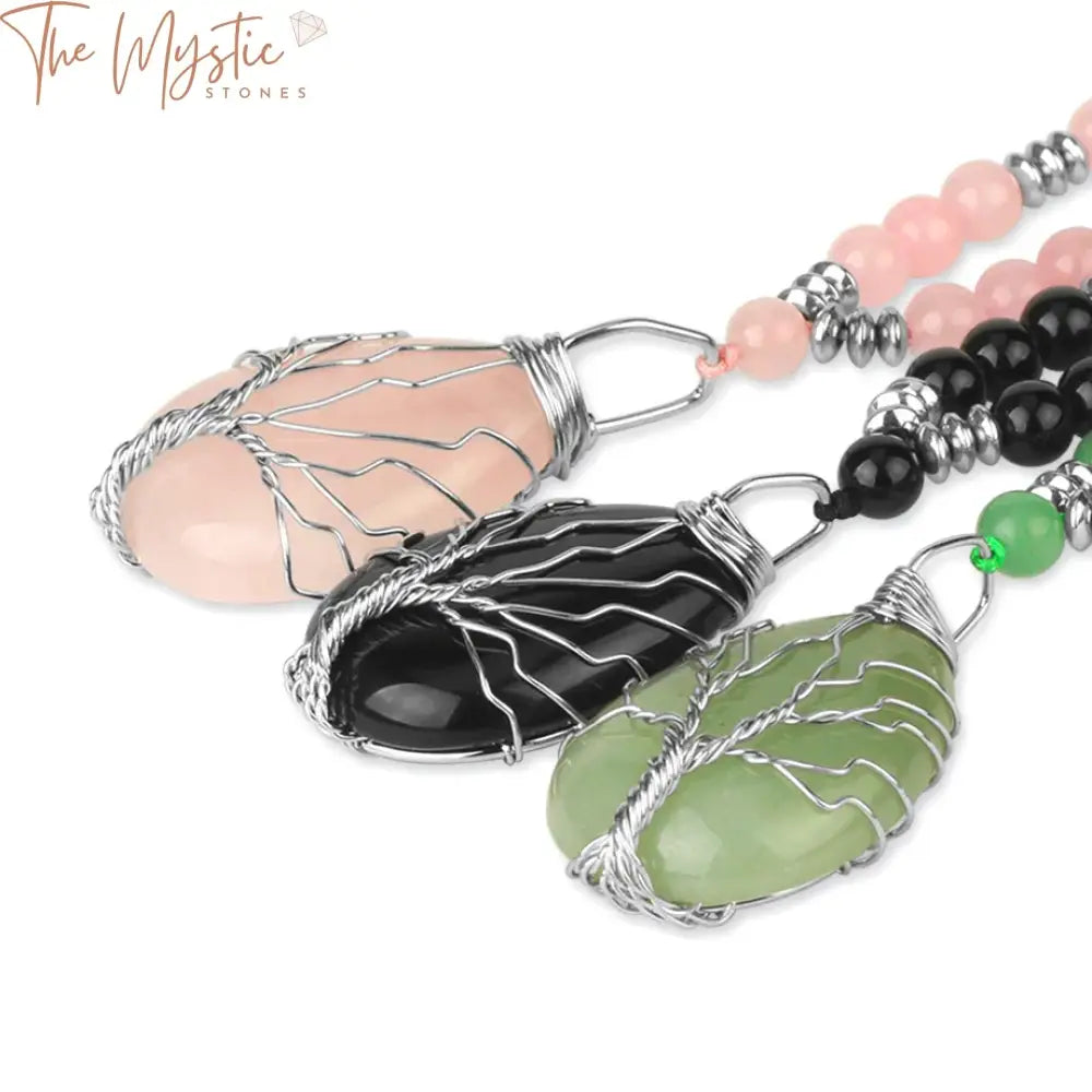 Chakra Tree Of Life Aventurine & Pink Crystal Necklace