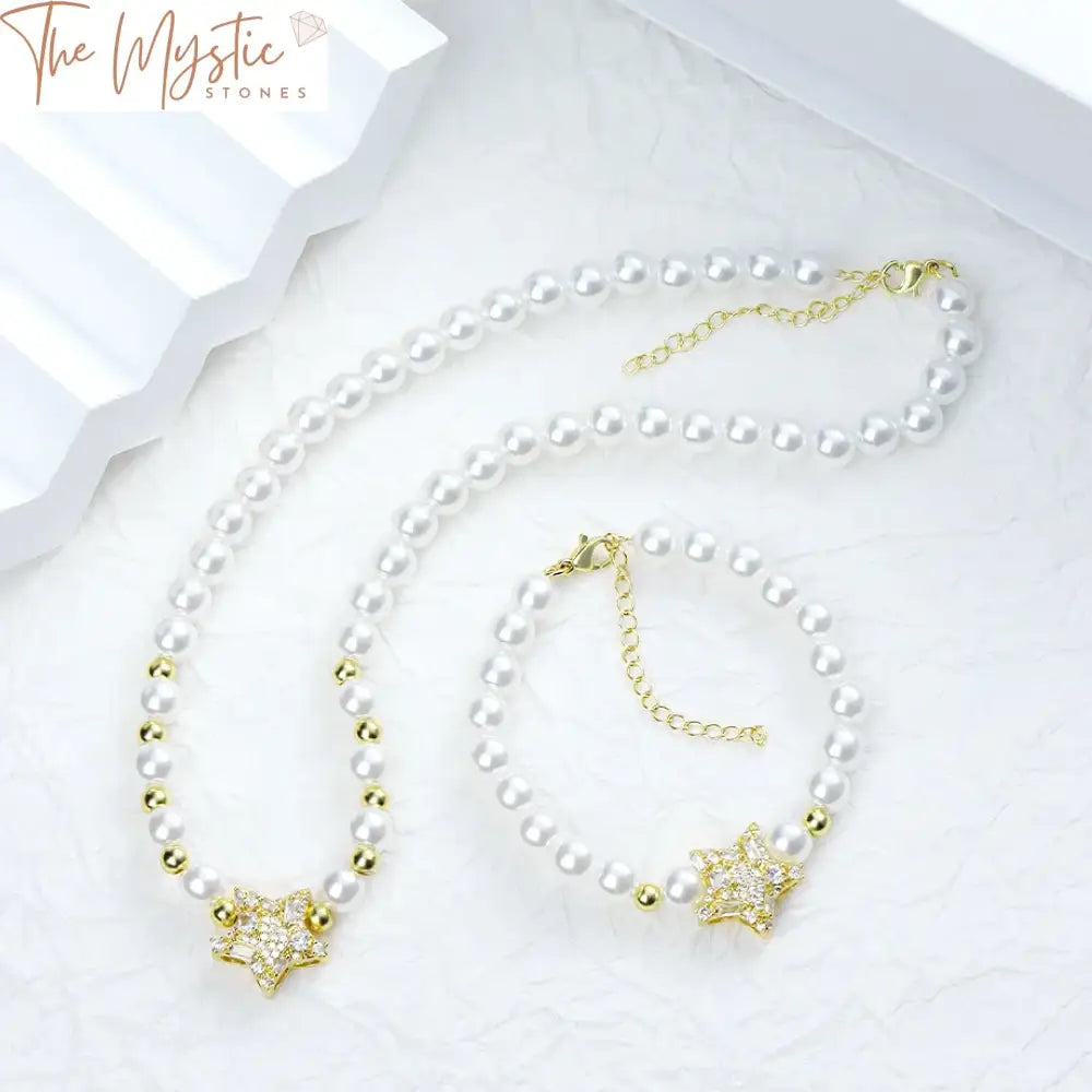 Elegant Star & Pearl Jewelry Set - Necklace And Bracelet